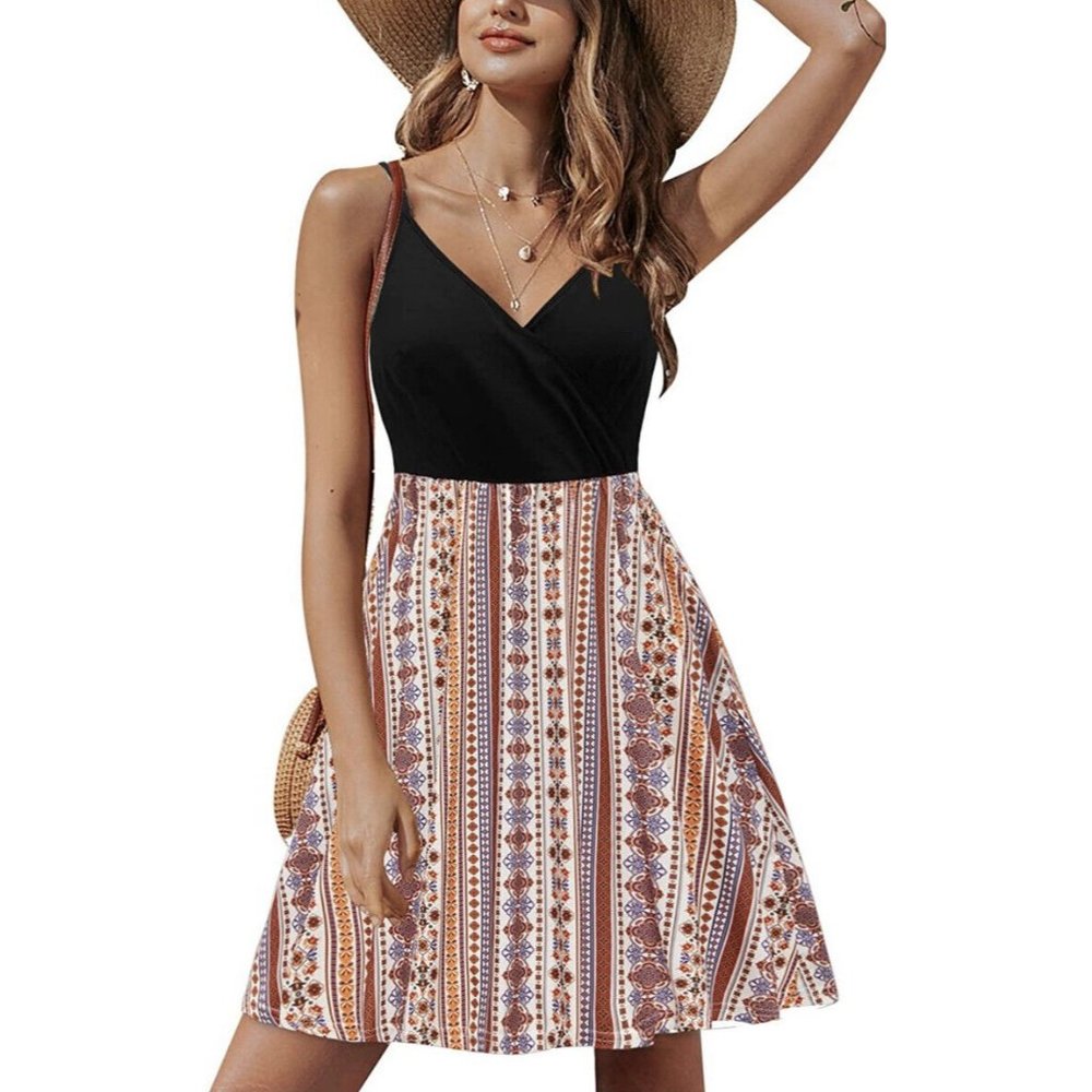 STYLEWORD V Neck Floral Spaghetti Strap  Swing Dress W Pockets Size L